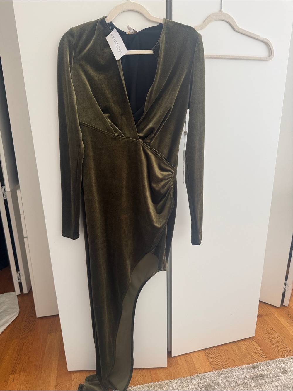 Ronny Kobo Olive Green Velvet Asymmetric Wrap Dress